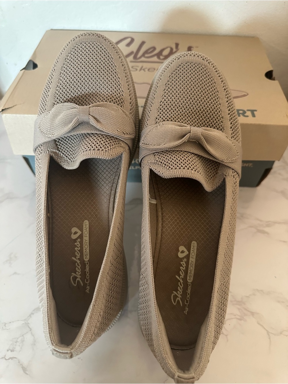 Skechers Women's Knit Slip-On Loafers with Bow in Taupe